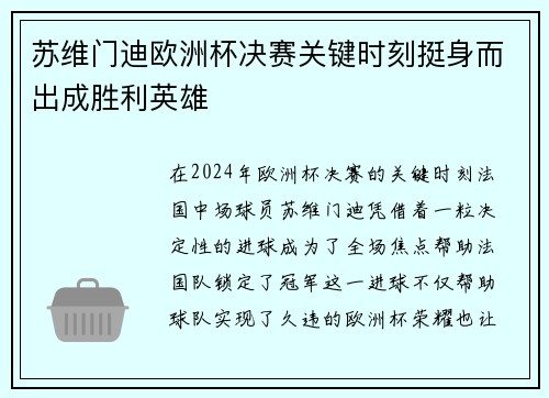 苏维门迪欧洲杯决赛关键时刻挺身而出成胜利英雄 苏维门迪欧洲杯决赛关键时刻挺身而出成胜利英雄