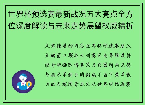 世界杯预选赛最新战况五大亮点全方位深度解读与未来走势展望权威精析