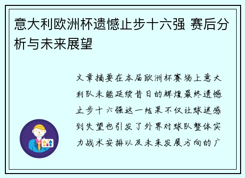 意大利欧洲杯遗憾止步十六强 赛后分析与未来展望 意大利欧洲杯遗憾止步十六强 赛后分析与未来展望
